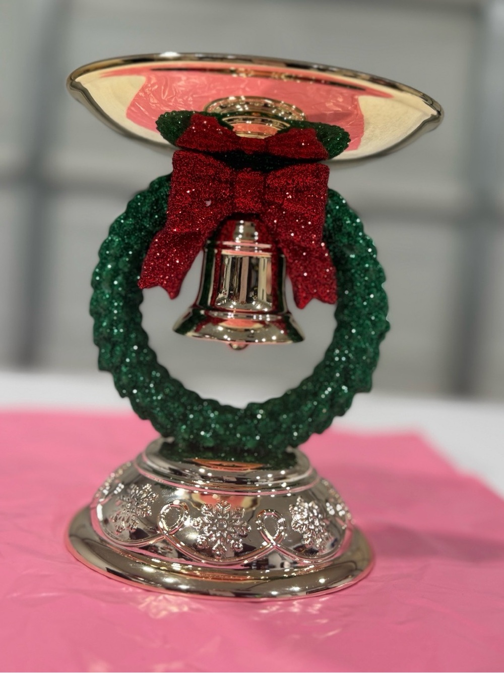 Bath & Body Works Gold Bell Ornament with Green Glitter Wreath and Red Bow